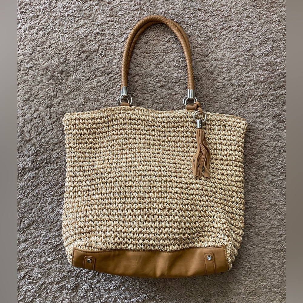 Woven Straw Beach Pool Large Tote Bag with Faux Leather Shoulder Handles